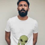 Alien Showing Finger White Round Neck