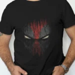 Black round neck T-shirt featuring Deadpool eyes print with red grunge design – available at StainDesire.