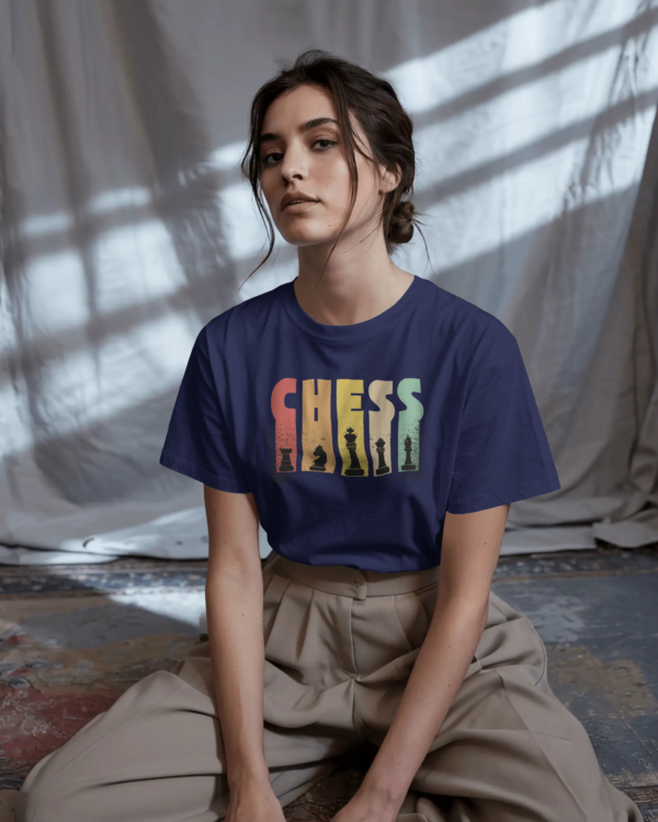 Navy blue round neck t-shirt with white chess print, made from eco-friendly 100% cotton
