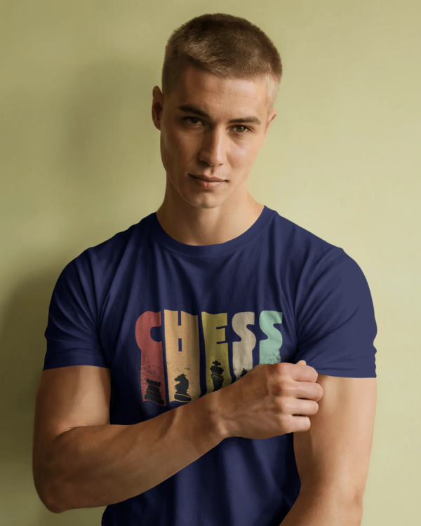 Navy blue round neck t-shirt with white chess print, made from eco-friendly 100% cotton