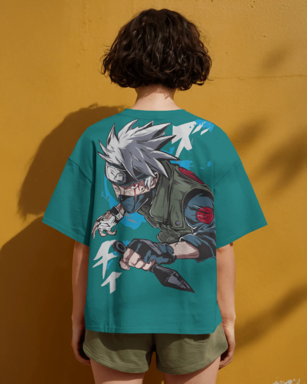 Unisex oversized black t-shirt featuring Kakashi Hatake anime print, made from eco-friendly 100% cotton for a bold streetwear look