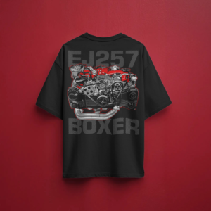 Back of black oversized cotton t-shirt featuring a bold graphic of a red EJ257 boxer engine, displayed on a graffiti-covered wall