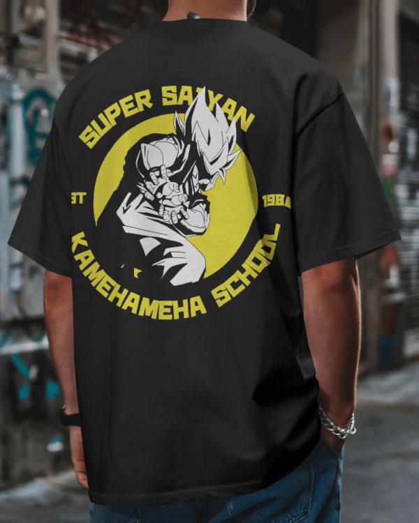 Black oversized t-shirt with Super Saiyan Kamehameha School print, made from 100% cotton and eco-friendly fabric for streetwear lovers