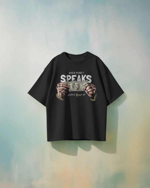 lack oversized unisex t-shirt on hanger in front of colorful gradient background with soft shadows