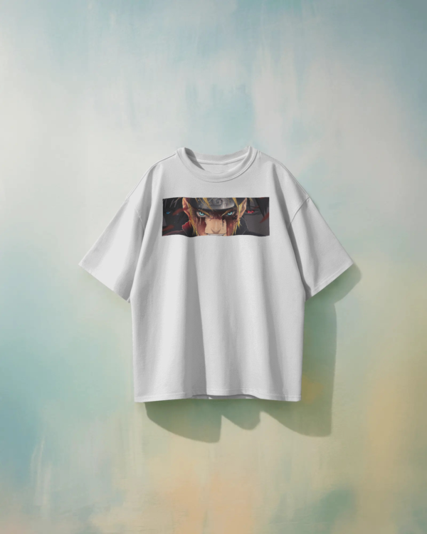 White oversized t-shirt featuring bold Naruto anime back print, made from 100% eco-friendly cotton, perfect for anime fans