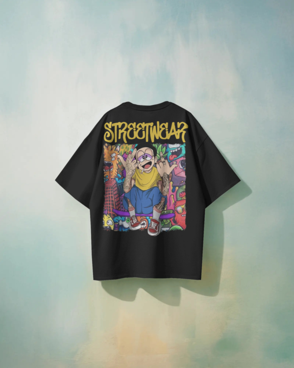 Unisex black oversized t-shirt with colorful streetwear cartoon graphic, made from 100% eco-friendly cotton