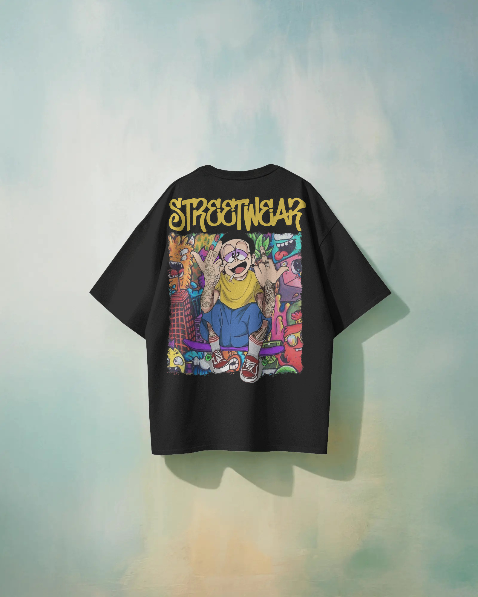 Unisex black oversized t-shirt with colorful streetwear cartoon graphic, made from 100% eco-friendly cotton