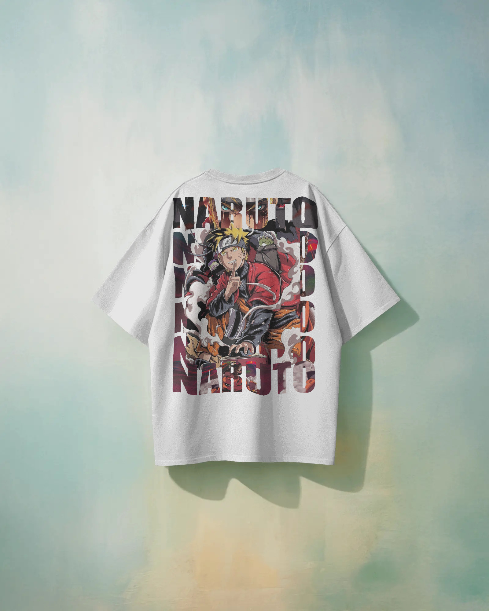 White oversized t-shirt featuring bold Naruto anime back print, made from 100% eco-friendly cotton, perfect for anime fans