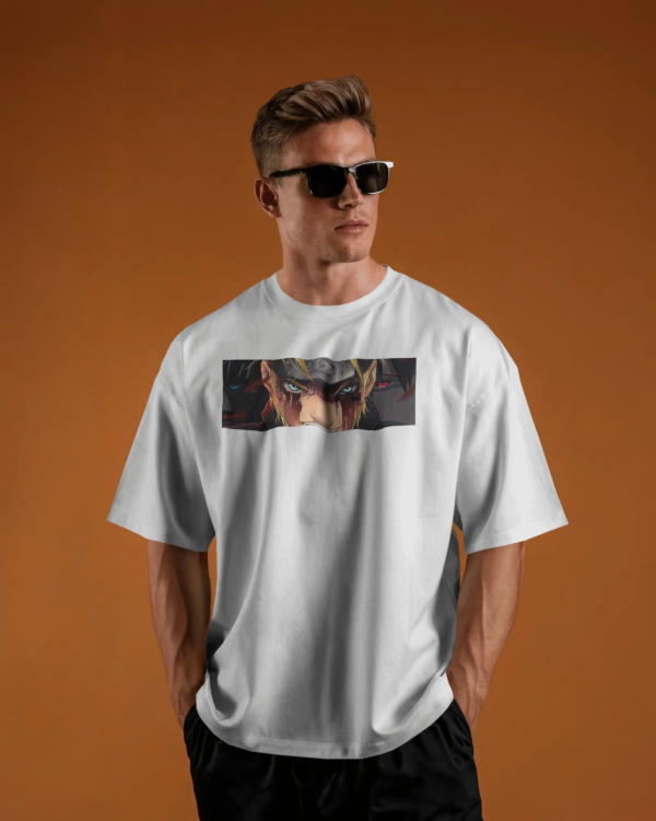 White oversized t-shirt featuring bold Naruto anime back print, made from 100% eco-friendly cotton, perfect for anime fans