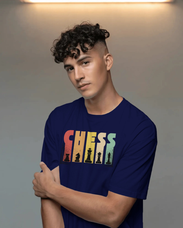 Navy blue round neck t-shirt with white chess print, made from eco-friendly 100% cotton