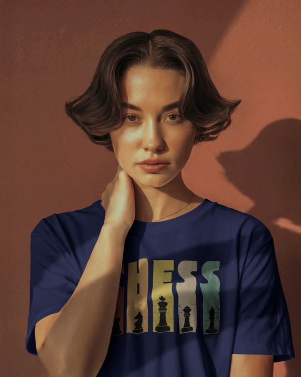 Shop our eco-friendly unisex navy blue chess print tee. Made from 100% cotton for comfort and style. Limited stock—get yours now