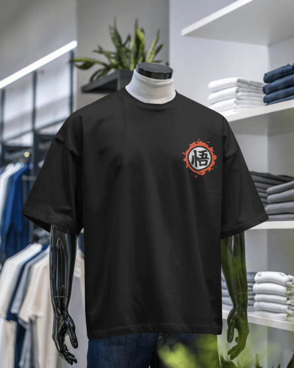 Black oversized t-shirt with Super Saiyan print, made from 100% cotton and eco-friendly fabric for streetwear lovers
