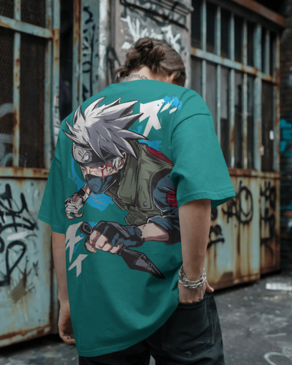 Unisex oversized black t-shirt featuring Kakashi Hatake anime print, made from eco-friendly 100% cotton for a bold streetwear