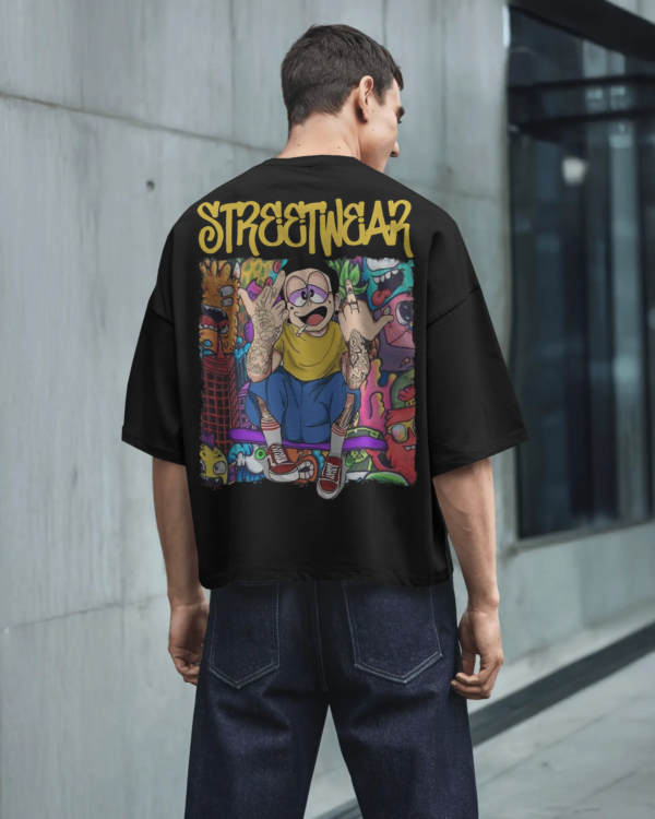 Unisex black oversized t-shirt with colorful streetwear cartoon graphic, made from 100% eco-friendly cotton