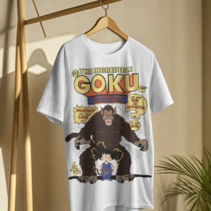 Anime-themed white oversized cotton T-shirt with Goku and ape transformation artwork