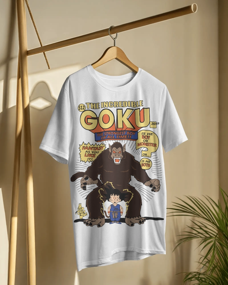 Anime-themed white oversized cotton T-shirt with Goku and ape transformation artwork