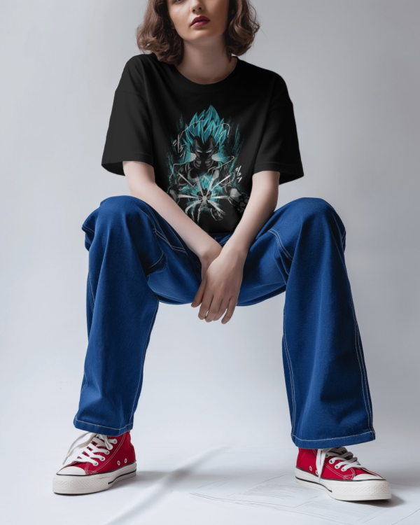 Stylish black eco-friendly cotton t-shirt with Dragon Ball Vegeta artwork on model.