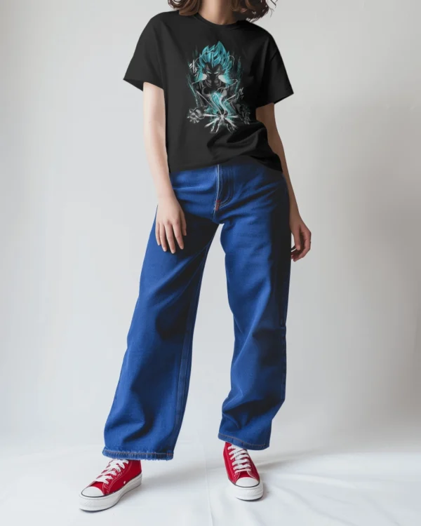 Female model wearing black round-neck Dragon Ball Vegeta printed cotton t-shirt with blue jeans.
