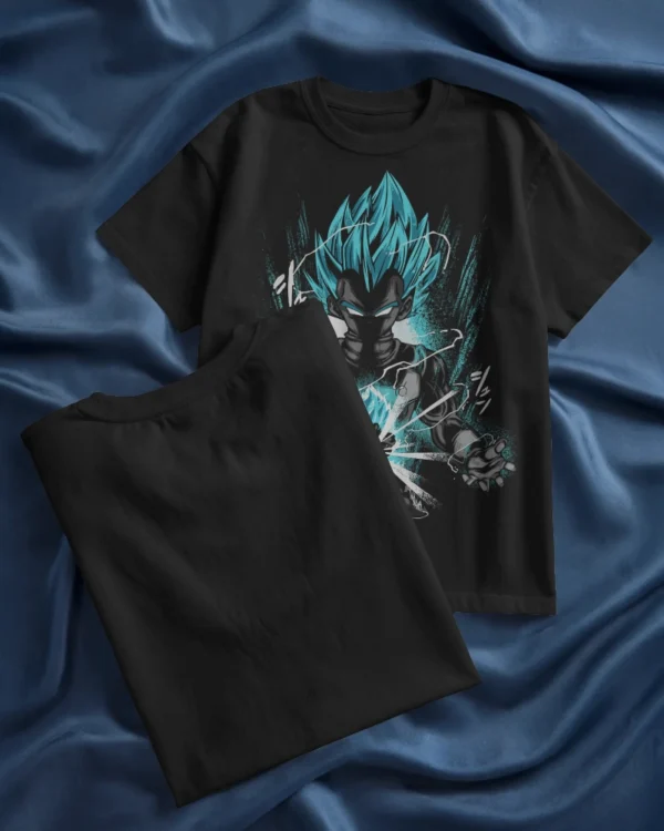 Front and back view of black cotton Vegeta anime t-shirt laid on satin fabric.