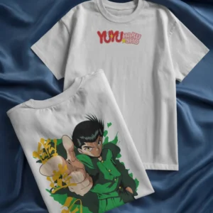 White t-shirt with front Yu Yu Hakusho logo and bold back anime character print on luxury fabric